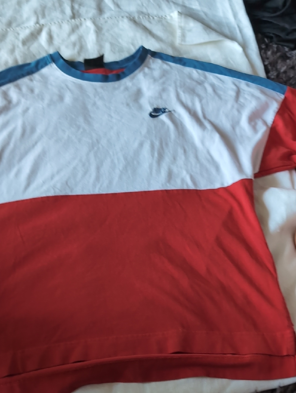 Nike Men's Red & White Colorblock Tee with Blue Accents